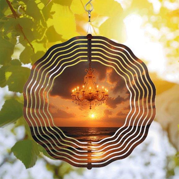 Ornate Metal Hanging Wind Spinner with Chandelier Design - Stunning Garden Wind Chime with Concentric Wave Patterns for Yard Decor