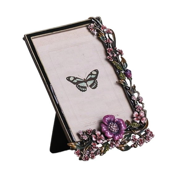 Ornate Metal Photo Frame With Delicate Enamel Floral Bird Motifs And Rhinestones Embellishment For Horizontal & Vertical