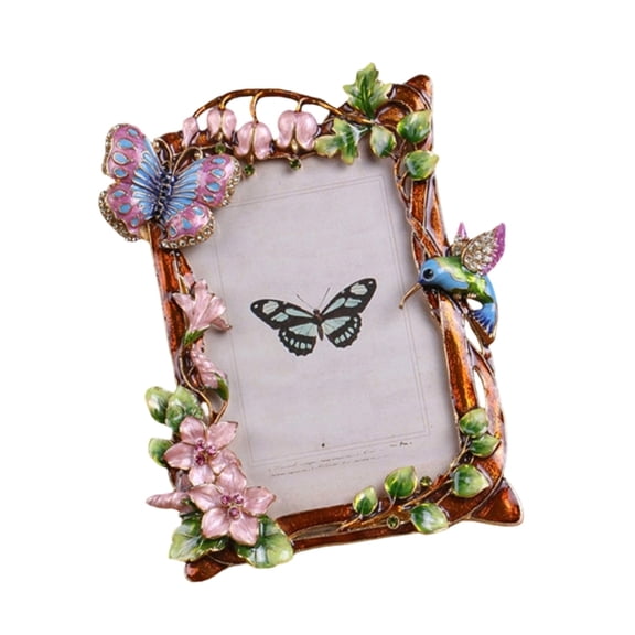 Ornate Metal Photo Frame With Delicate Enamel Floral Bird Motifs And Rhinestones Embellishment For Horizontal & Vertical