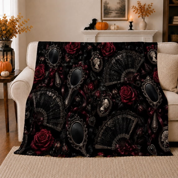 Ornate Mirrors With Lace Fans And Roses Print, Cozy Flannel Blanket for Gothic Decor Enthusiasts, Dark Ornamental Vintage Collage Home Decor for Bedroom and Living Room, Housewarming Gift