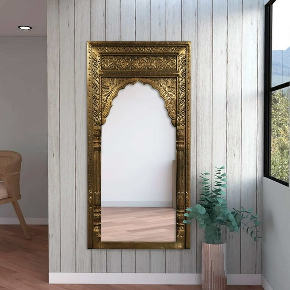 Ornate Moorish Arch Mirror With Brass Foil Cladding| Hand Carved Distressed Large Mirror | Farmhouse Hotel Entryway Unique Leaning Mirror