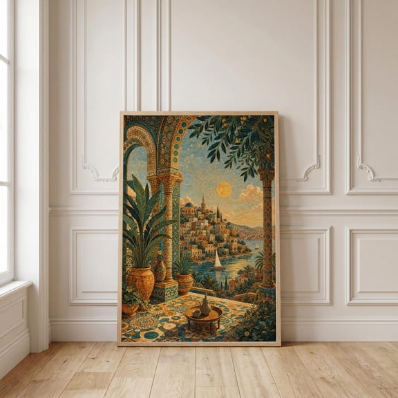 Ornate Moroccan Mosaic Ceramic Tile Pattern Coastal Graphic Wall Art, Unframed Poster