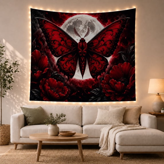Ornate Moth with Full Moon Against Dark Red Peonies, Dramatic Gothic for Dark Art Lovers, Mystical Wall Decor Halloween Gift, Tapestry Wall Hanging for Bedroom and Living Room