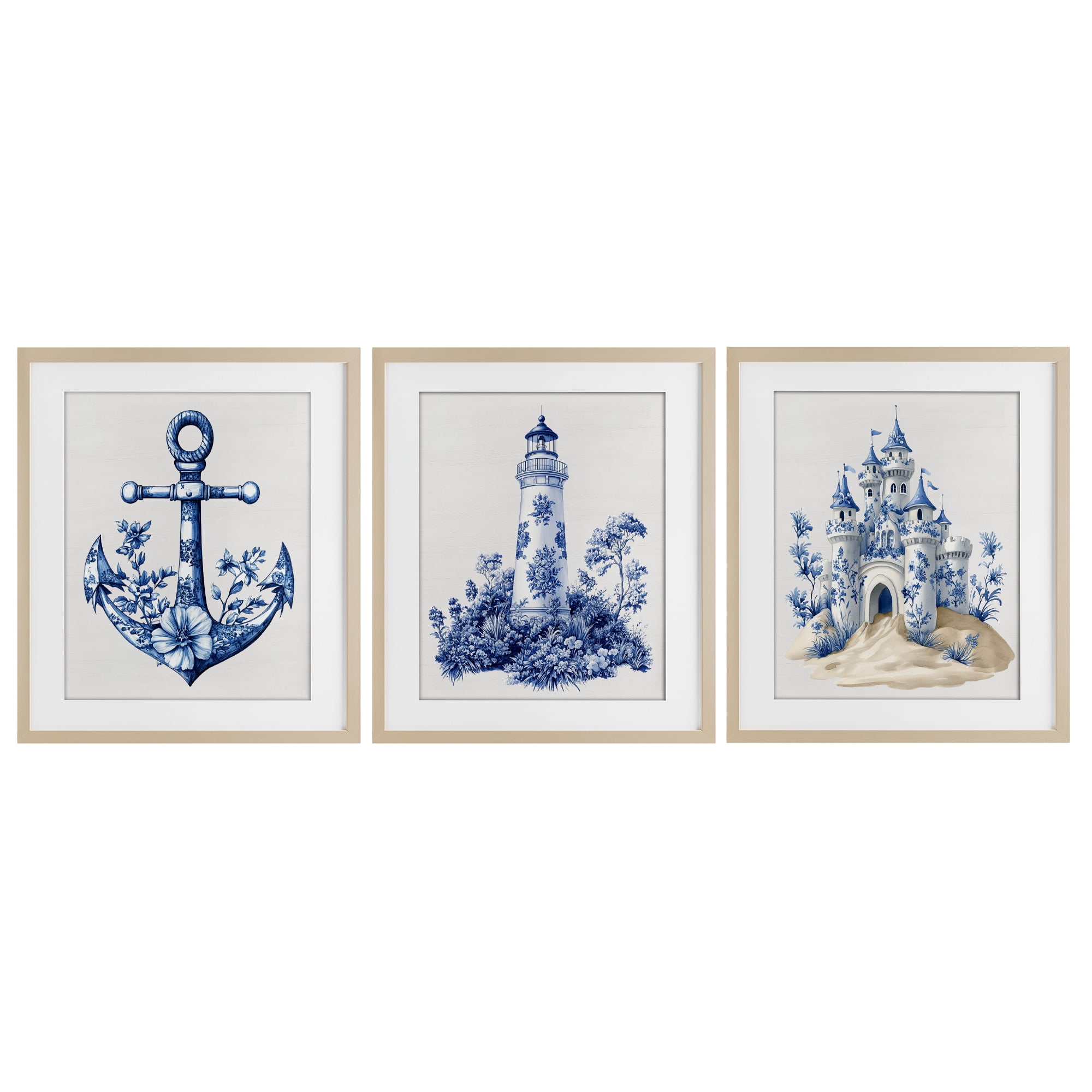 Ornate Nautical Toile Patterns 3 Piece Birch Framed Print Under Glass Set, design by Lettered and Lined
