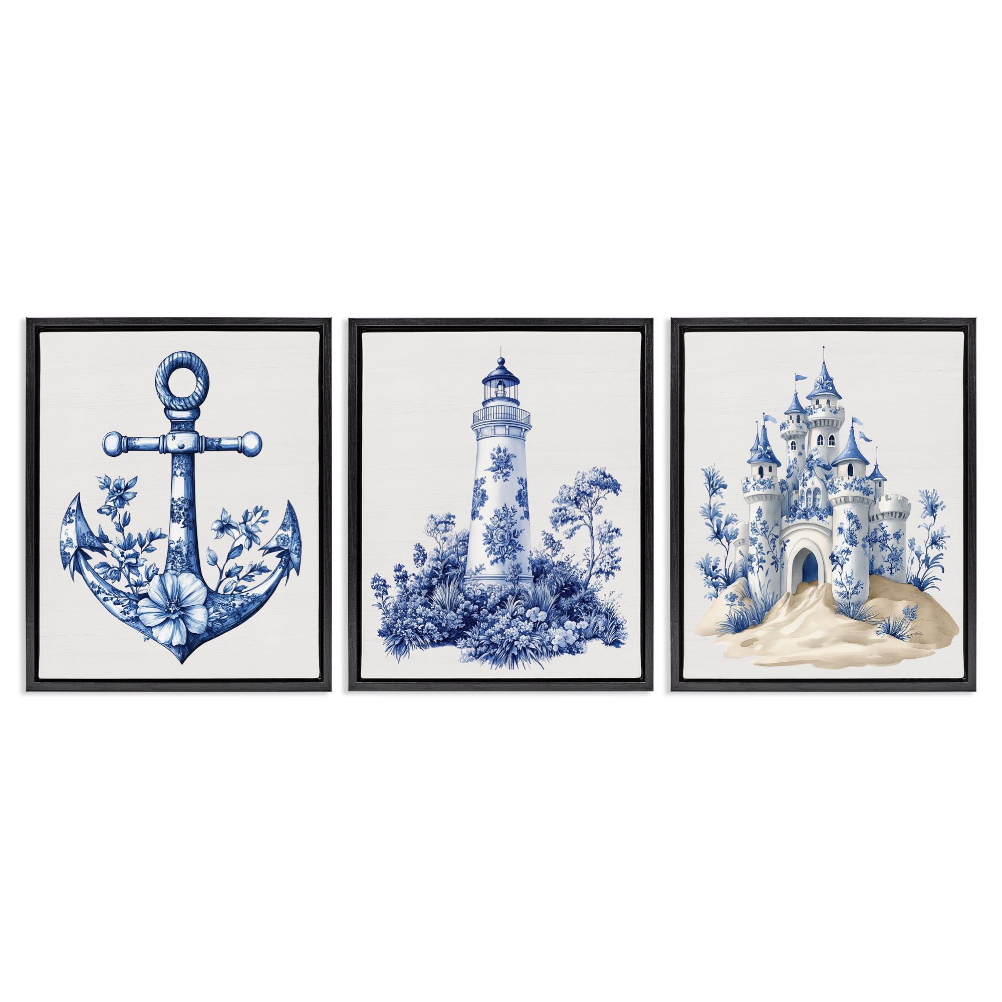 Ornate Nautical Toile Patterns 3 Piece Black Framed Floater Canvas Set, design by Lettered and Lined