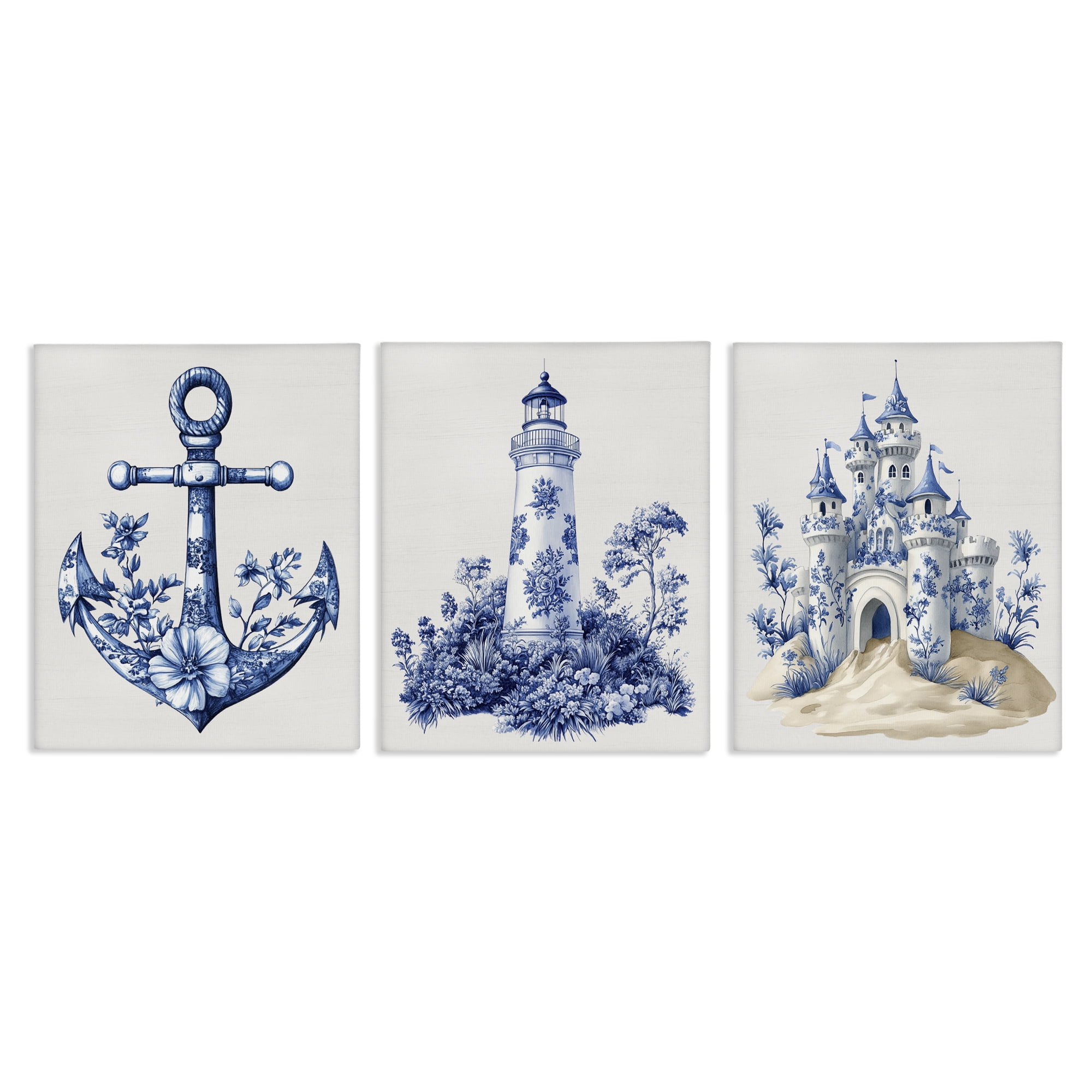 Ornate Nautical Toile Patterns 3 Piece Canvas Wall Art Set, design by Lettered and Lined