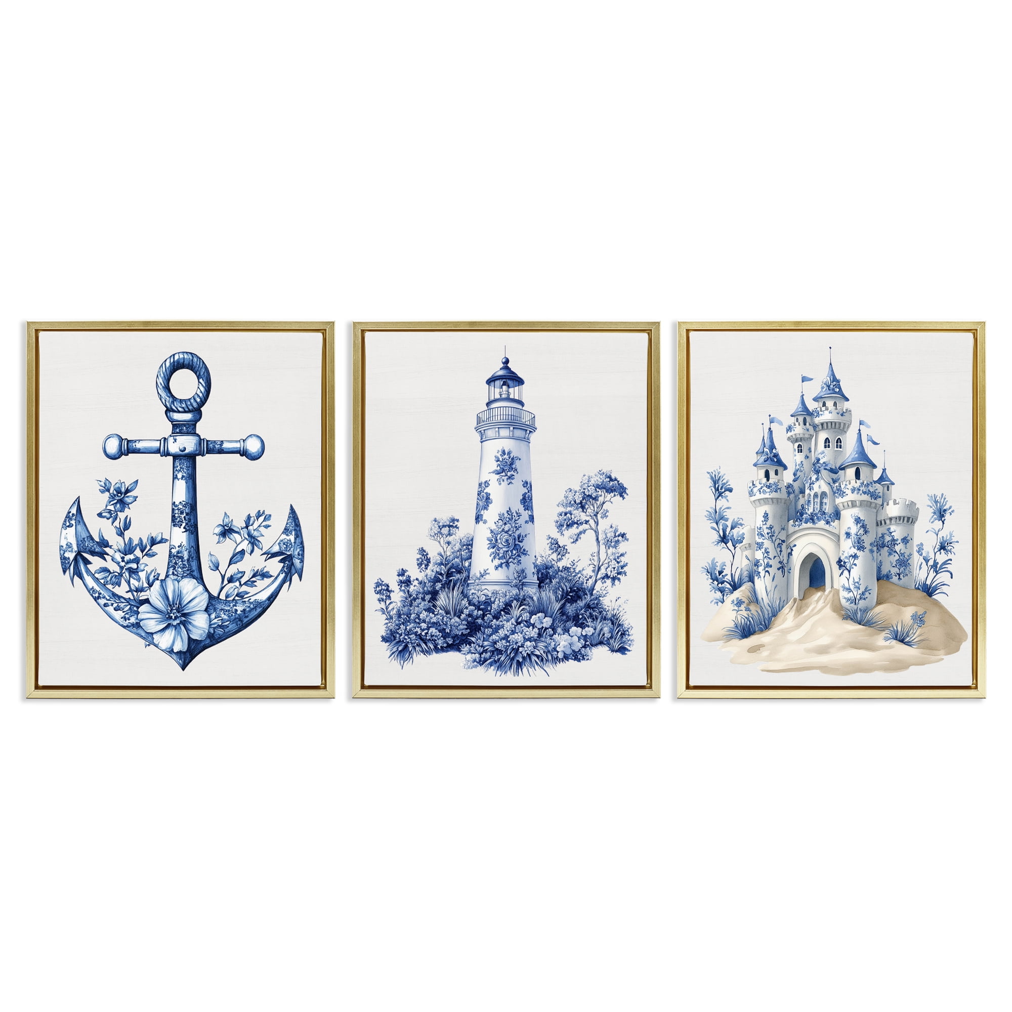 Ornate Nautical Toile Patterns 3 Piece Gold Framed Floater Canvas Set, design by Lettered and Lined