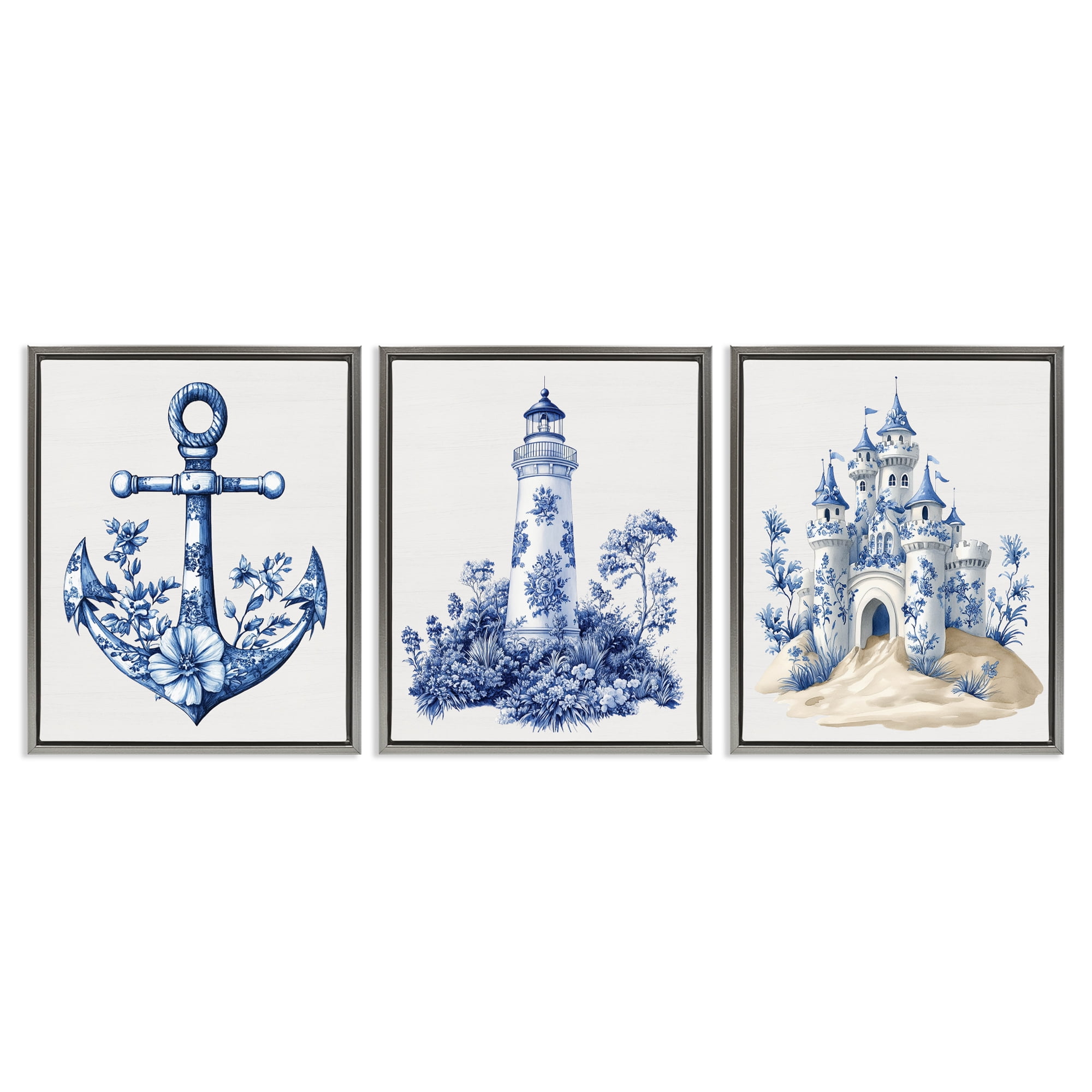 Ornate Nautical Toile Patterns 3 Piece Gray Framed Floater Canvas Set, design by Lettered and Lined