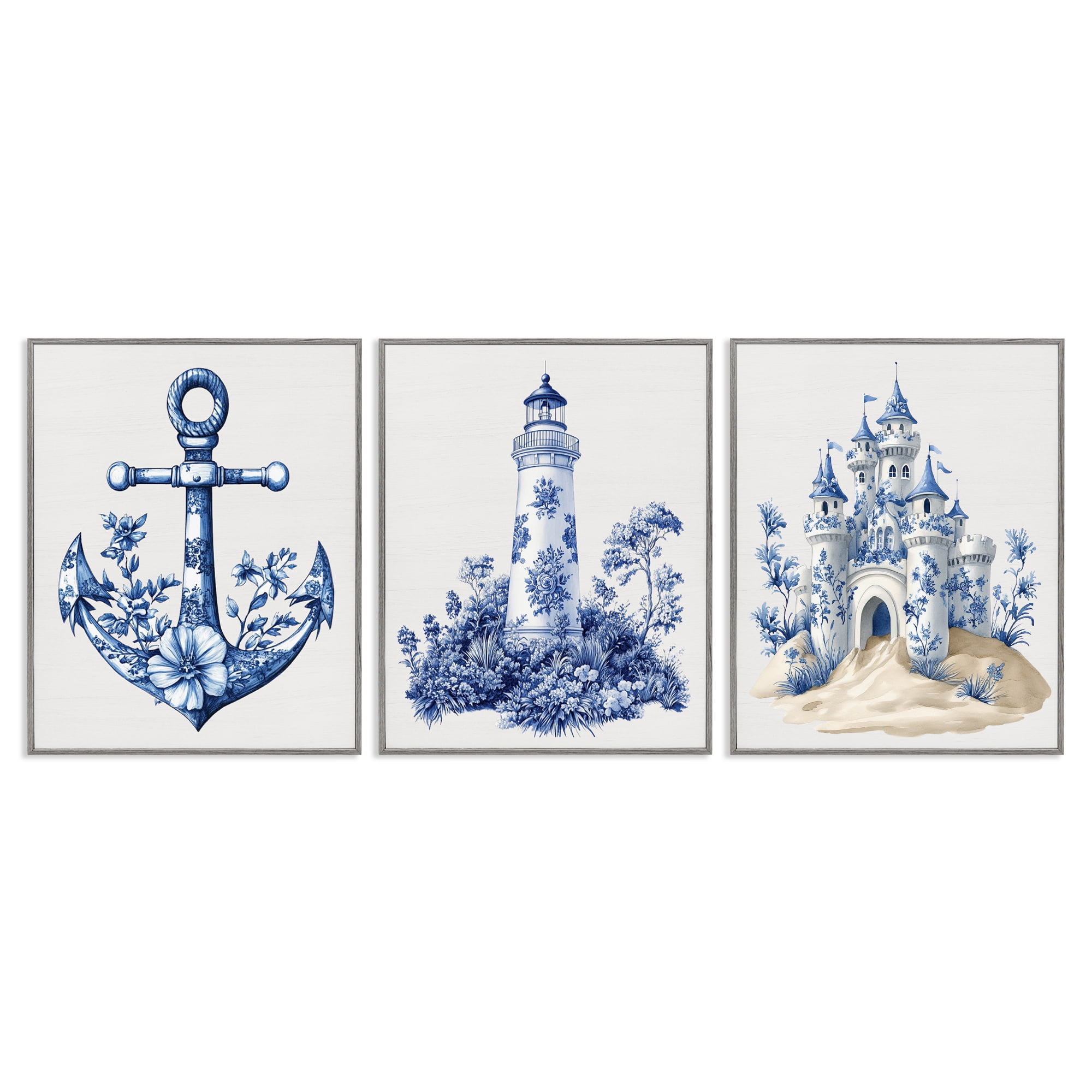 Ornate Nautical Toile Patterns 3 Piece Gray Framed Giclee Art Set, design by Lettered and Lined