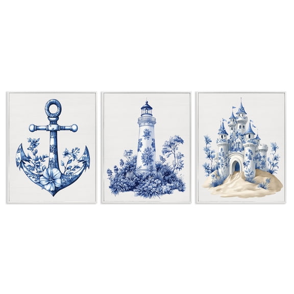 Ornate Nautical Toile Patterns 3 Piece White Framed Giclee Art Set, design by Lettered and Lined