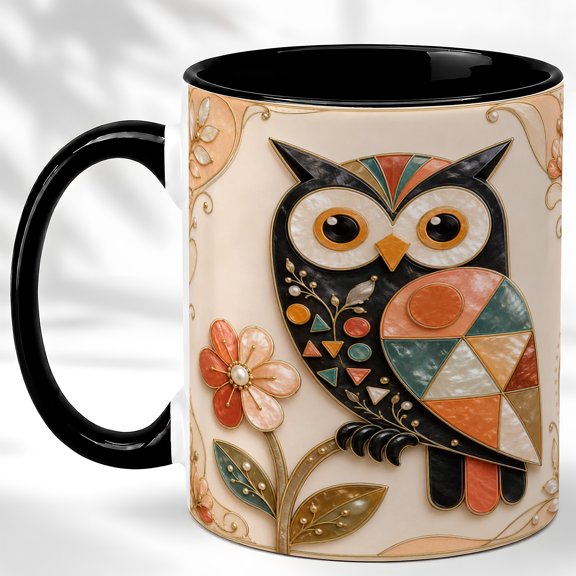 Ornate Owl Coffee Mug, Geometric Bird Mug, Ceramic 11 oz