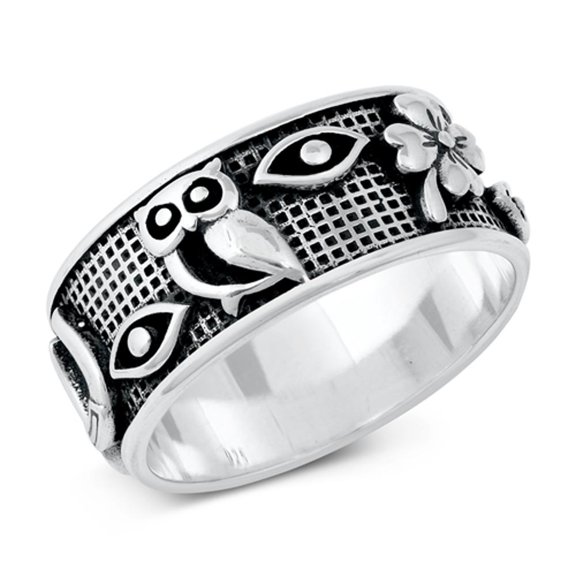 Ornate Owl Eye Lattice Ring Lucky Charms .925 Sterling Silver Band Jewelry Female Male Unisex Size 8