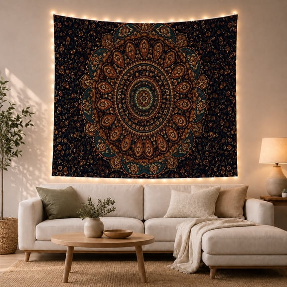 Ornate Paisley Mandala with Teal and Rust on Dark Navy, Mystical Boho for Bohemian Decor Lovers, Meditative Wall Art, Housewarming Gift, Tapestry Wall Hanging for Bedroom and Living Room