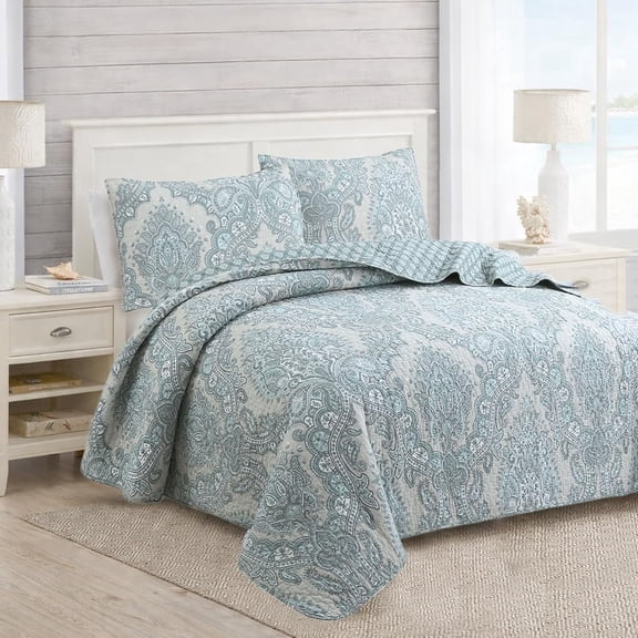 Ornate Paisley Medallion Grey Blue Cotton 3 Piece Queen Quilt Bedding Set