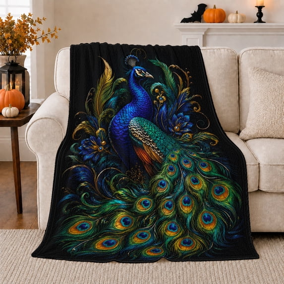 Ornate Peacock Display Deep Blue Emerald Green Bird, Cozy Bird Art Scene, Warm Flannel Blanket for Living Room and Reading Nook, Bird Lovers Friendship Gift, Artistic Home Decor