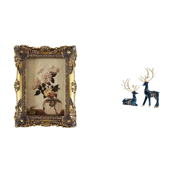 Ornate Picture Frame Deer Figurine Sculpture Baroque Design Resin Material for Wedding Hallway Shelf