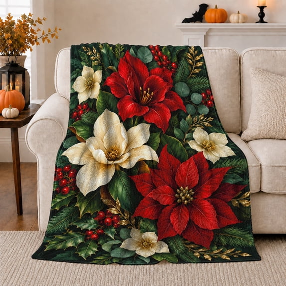 Ornate Poinsettia Berries Gold Leaves, Festive Holiday Scene, Warm Flannel Blanket for Living Room and Family Room, Art Lovers Housewarming Gift, Festive Home Decor