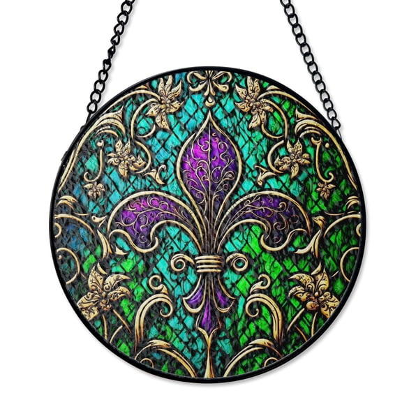 Ornate Purple Fleur De Lis Suncatcher Stained Glass Style UV Printed Glass Mardi Gras New Orleans Decor Round