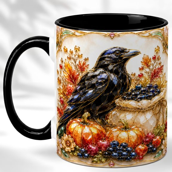 Ornate Raven Coffee Mug, Autumn Harvest Mug, Ceramic 11 oz