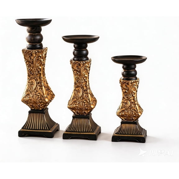 Ornate Resin Pillar Candle Holders Set of 3 Baroque Gothic Decorative Candlesticks in Black & Gold (8", 10", 12") for Home Decor, Weddings & Centerpieces