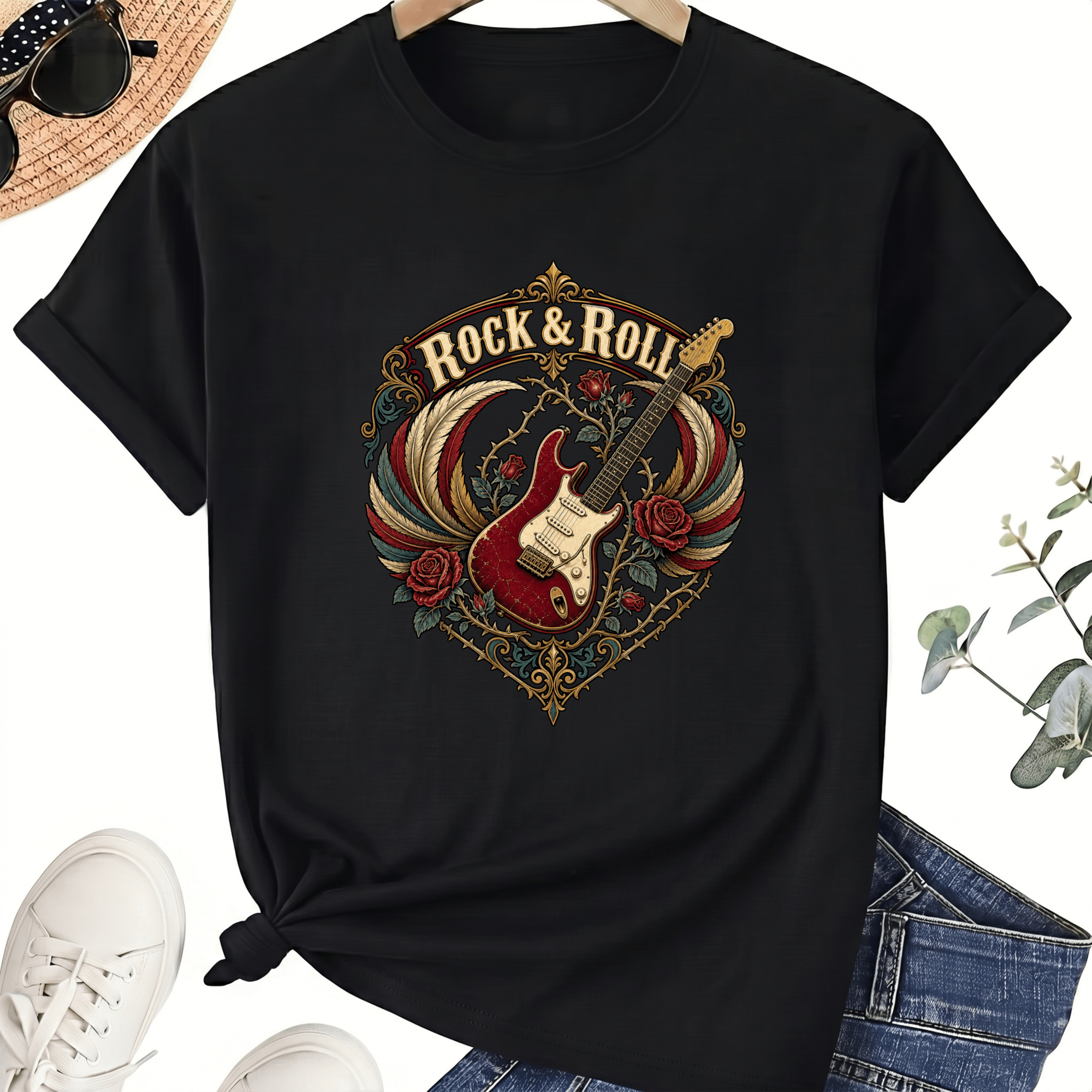 Ornate Rock and Roll Guitar Roses Unisex T-Shirt