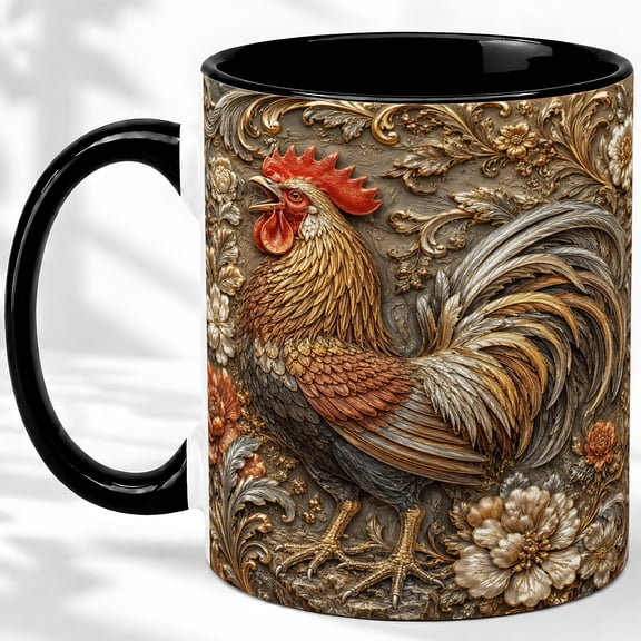 Ornate Rooster Accent Mug, 11oz Ceramic Coffee Cup for Farmhouse Fans
