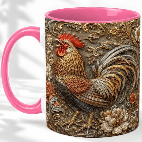 Ornate Rooster Accent Mug, 11oz Ceramic Coffee Cup for Farmhouse Fans