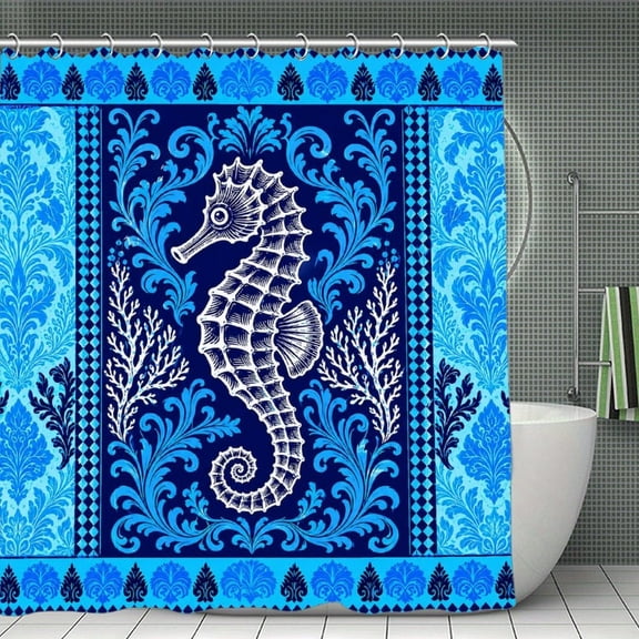 Ornate Seahorse Damask Print Shower Curtain,Cloth Fabric Waterproof Polyester Bathroom Home Decor Set with Hooks 70.8×70.8Inch