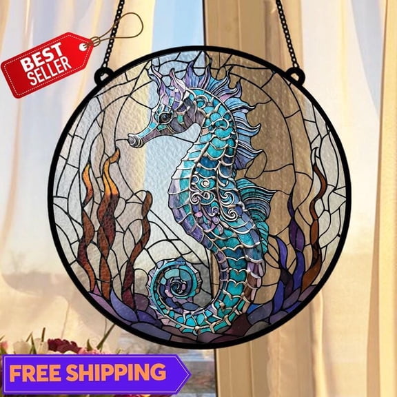 Ornate Seahorse Suncatcher, Glass-Effect Round Blue Nautical Panel