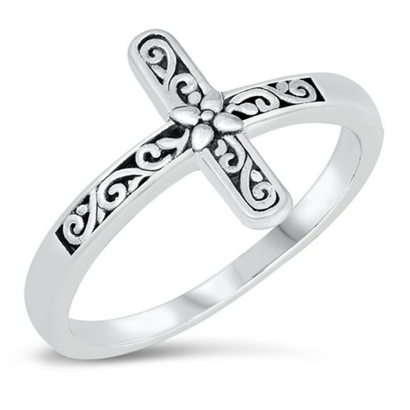 Ornate Sideways Floral Cross Ring .925 Sterling Silver Band Jewelry Female Male Unisex Size 4