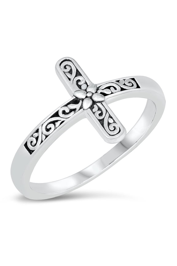 Ornate Sideways Floral Cross Ring .925 Sterling Silver Band Jewelry Female Male Unisex Size 9