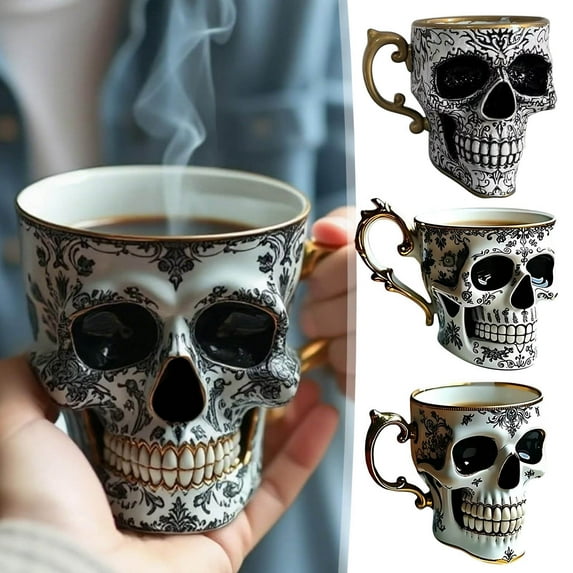 Ornate Skull Coffee Mug with Saucer Set - Gothic Porcelain Tea Cup, Funny Ceramic Skull Mug, Diabolical Bonehead Cup for Coffee, Tea & Gothic Home Decor, Stylish Skull Drinkware Set, 3.15*3.94in, C