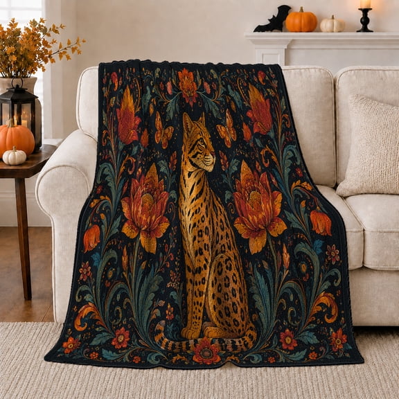 Ornate Spotted Wild Cat Burnt-Orange Blossoms, Festive Botanical Garden Scene, Warm Flannel Blanket for Cabin and Lodge, Wildlife Lovers Housewarming Gift, Botanical Home Decor