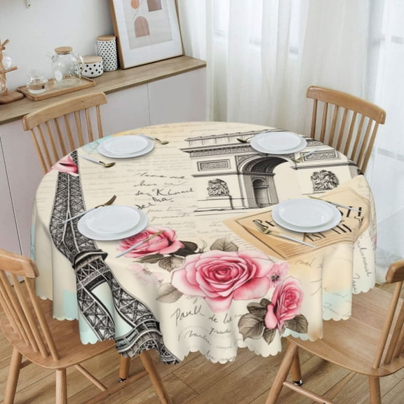 Parisian Eiffel Tower And Roses Collage Round Tablecloth Waterproof Oil Proof Spill Proof Table Cloth 70" for Camping, Dining, Indoor and Outdoor Table Cover
