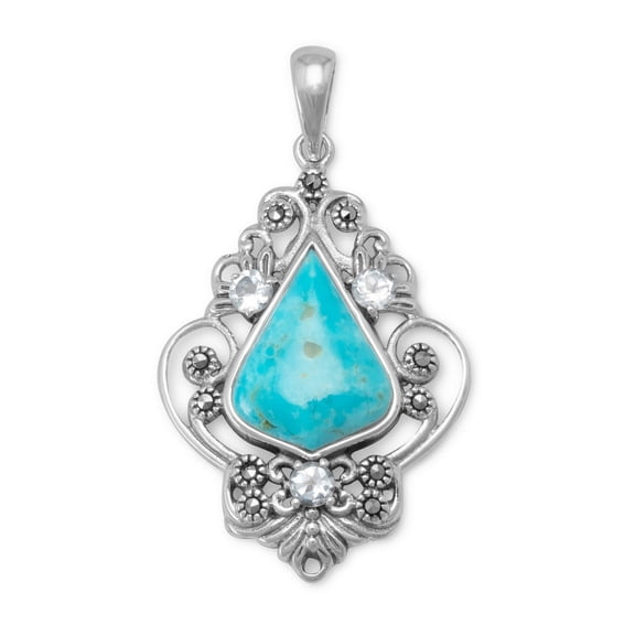 Ornate Sterling Silver Simulated Turquoise Pendant