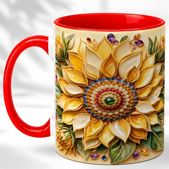 Ornate Sunflower Coffee Mug, Botanical Floral Mug, Ceramic 11 oz