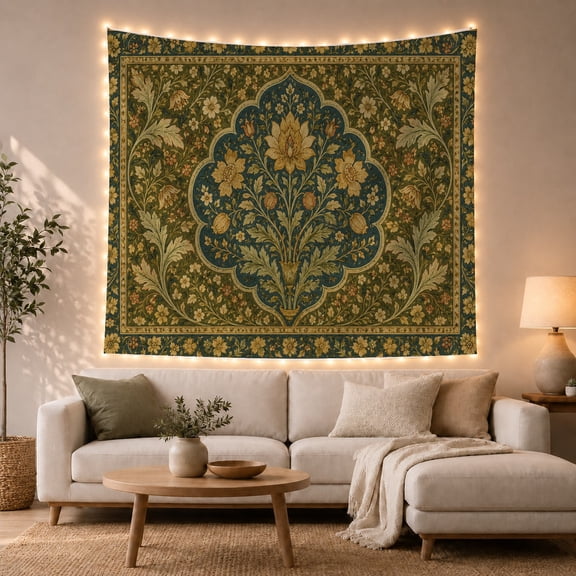 Ornate Symmetrical Tree of Life in Olive and Teal, Mystical Folk Art for Botanical Art Lovers, Detailed Floral Wall Decor, Housewarming Gift, Tapestry Wall Hanging for Living Room and Bedroom