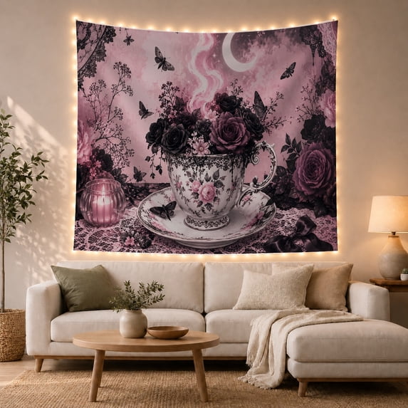 Ornate Teacup with Black Roses and Moths in a Dreamy Pink Setting, Dreamy Gothic for Dark Art Lovers, Floral Decor Art Print, Birthday Gift Tapestry Wall Hanging for Bedroom and Living Room