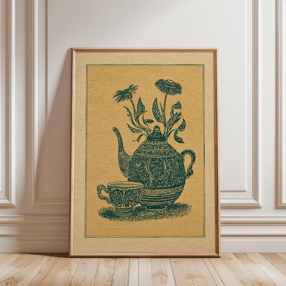 Ornate Teapot Vintage Line Art Botanical Tea Illustration Decor Print, Unframed Paper Poster 8x10in
