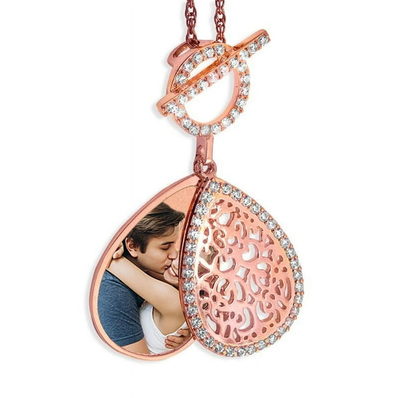 Ornate Teardrop Swivel Locket With Chain Included - 3/4 Inch x 1 1/4 Inch - Rose Gold Plated