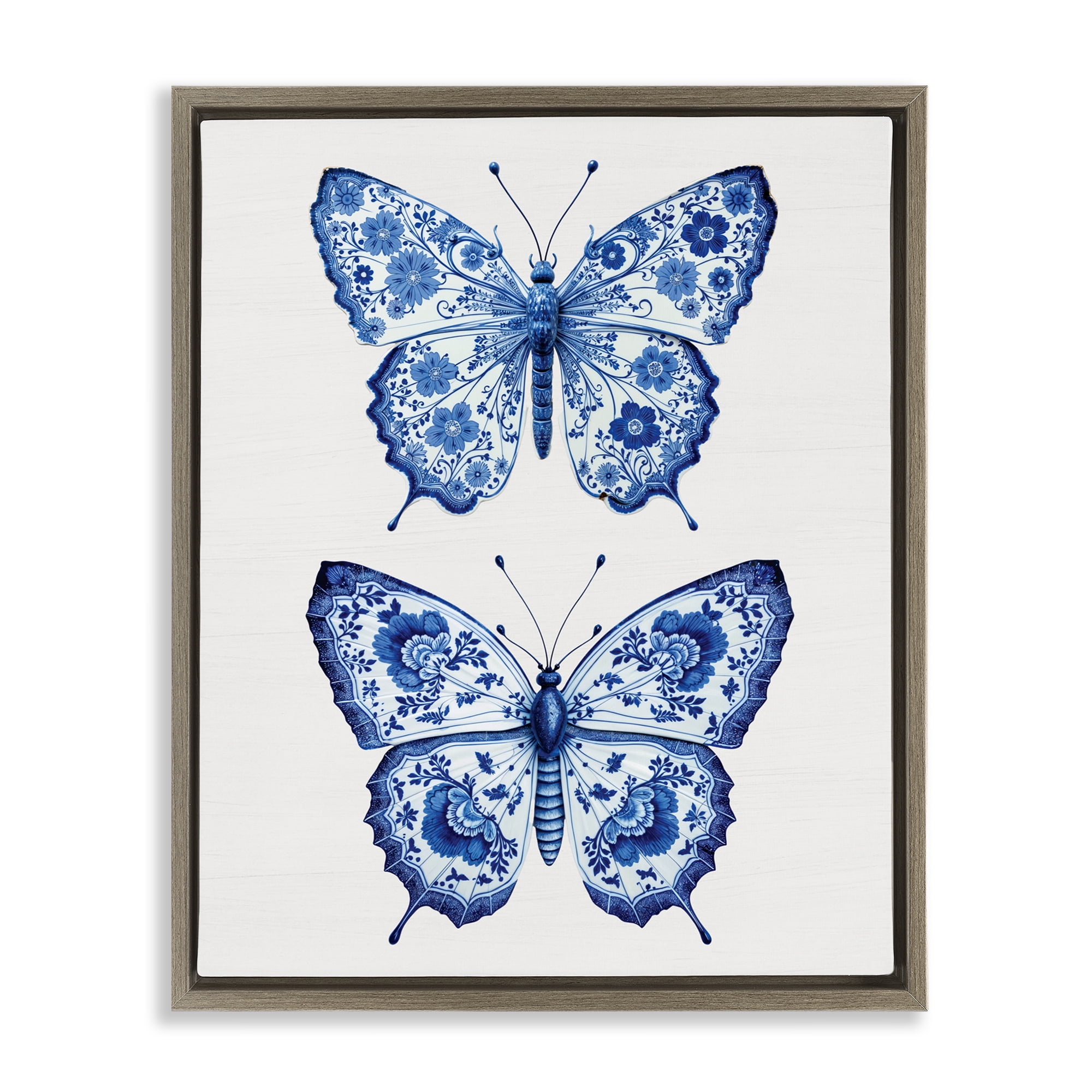 Ornate Toile Pattern Butterflies Brown Framed Floater Canvas Wall Art, design by Lettered and Lined