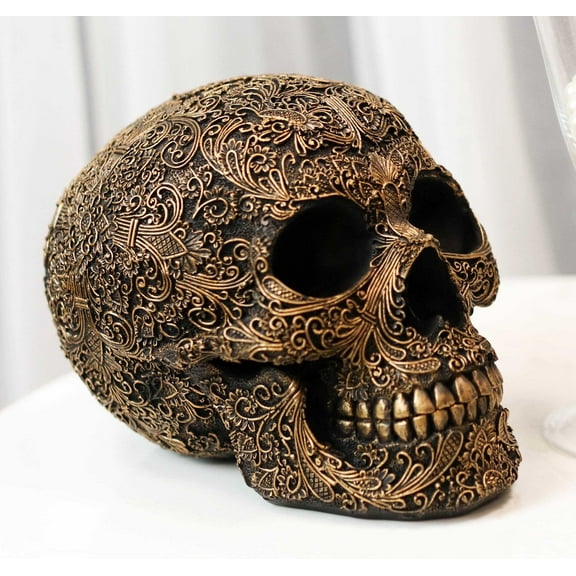 Ornate Tooled Floral Lace Fleur De Lis Royalty Cross Skull Decorative Figurine