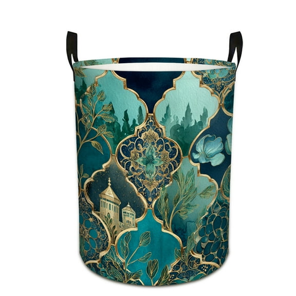 Ornate Turquoise Floral Print Extra Large Foldable Laundry Basket  Stylish  Easy to Use for Bedroom Bathroom  Laundry Room  Oxford Fabric Storage Bin