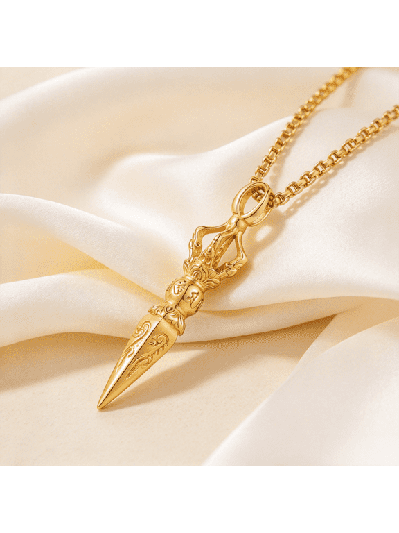 Ornate Vajra Dagger Pendant Necklace For Men Women 14K Gold Filled Sacred Heritage Distinguished Craft Jewelry