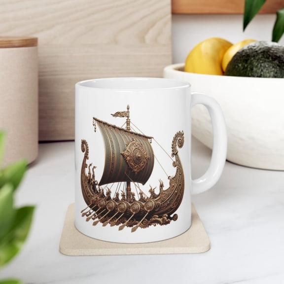 Ornate Viking Ship Sndinavian Nordic Original Art Prineramic Coffee Tea Cup Mug, oz, oz Present Gift Vikings.