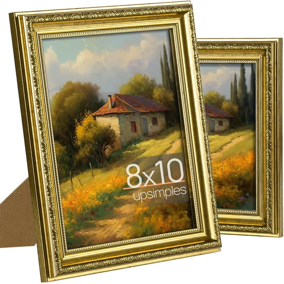 Ornate Vintage 8x10 Picture Frame with Real Glass, Gold, for Wall Decor or Tabletop Display, 2 Pack