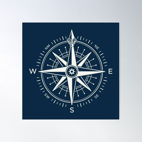 Ornate Vintage Nautical Compass ~ Silver On Navy Blue Poster Wall Art, Modern Wall Decor For Living Room Bedroom, 8x12 UNFRAMED