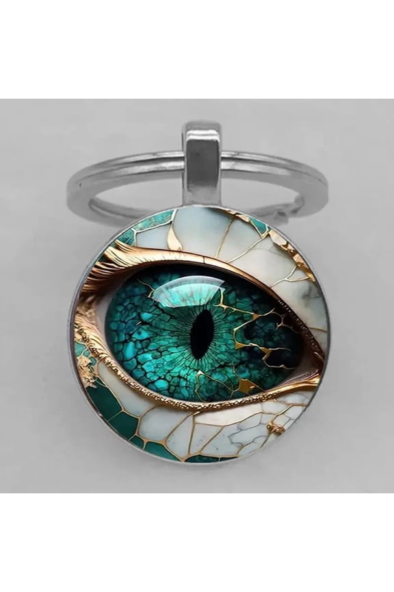 Ornate Vintage Stainless Steel Key Tags with Ring, Glass Dome with Base, Small Key Holder, D Ring Keychain with Crackled Gold-Accented Eye Motif, for Managing Home, Work & Luggage