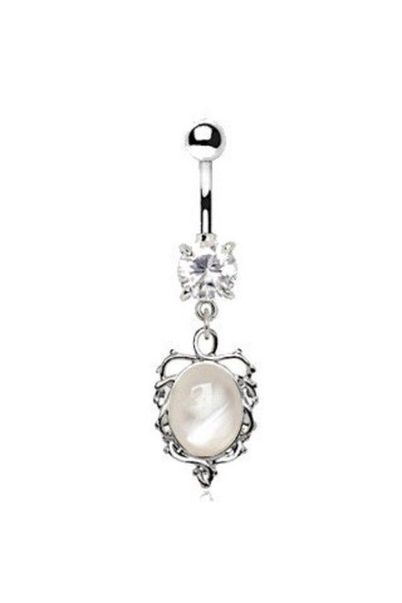 Ornate White Cat's Eye Dangle Navel Belly Ring