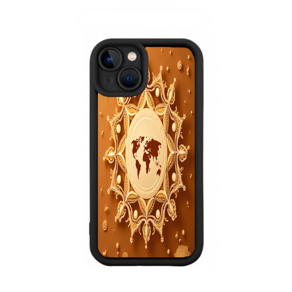 Ornate World Map Design iPhone 15 Case - Lightweight Yellowing Resistant Elegant Brown Background with Intricate Patterns
